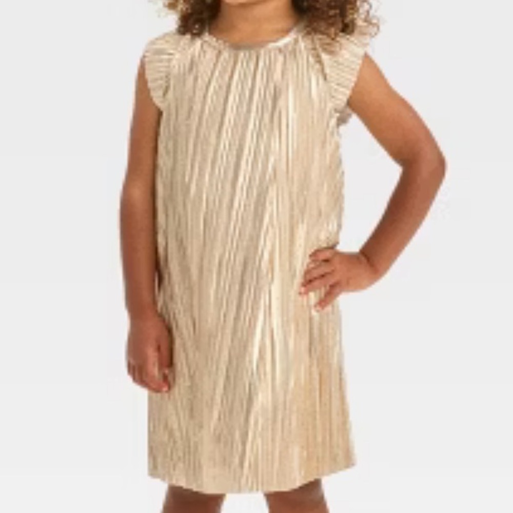 Oshkosh Gold Metallic Pleated Flutter Sleeve Party Holiday Dress | Size 2T